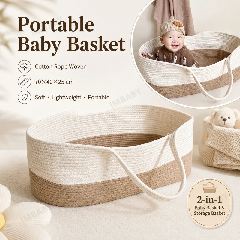 Portable Cotton Rope Baby Moses Basket, Breathable Woven Newborn Sleeping Bed with Handle, 2-in-1 Nursery Storage Organizer