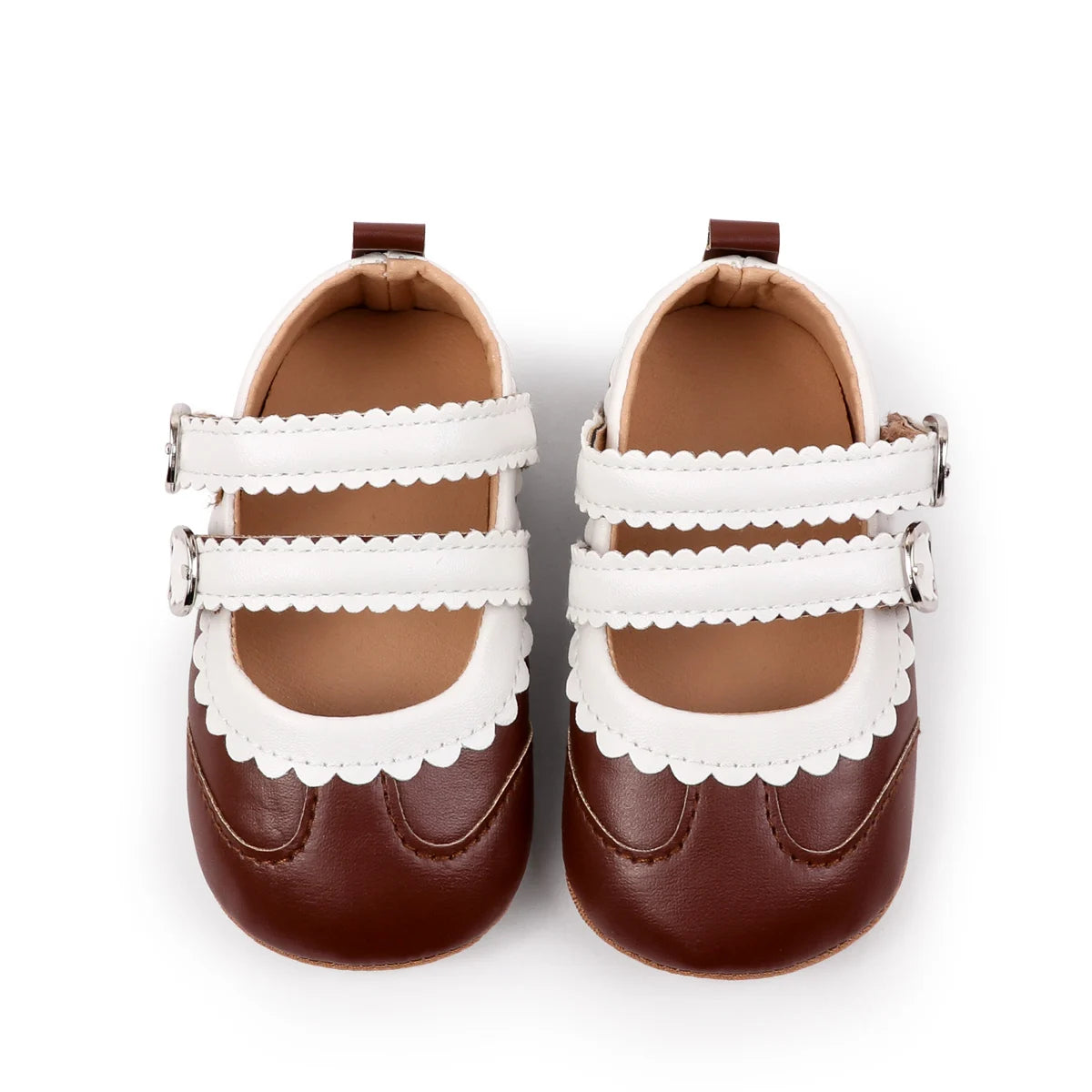 0-18 Months Infant Pre-walker Shoes, Scalloped Lace Trim Dual Buckle Strap Soft Non-slip Rubber Sole Indoor Baby Mary Jane Shoes