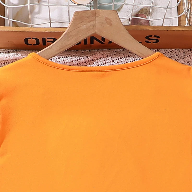 Kids Clothing Sets Tween Girls Outfit Orange Knot-Hem Crop-Top & Flowers Parinted Shorts 2PCS Summer Vacation Sets