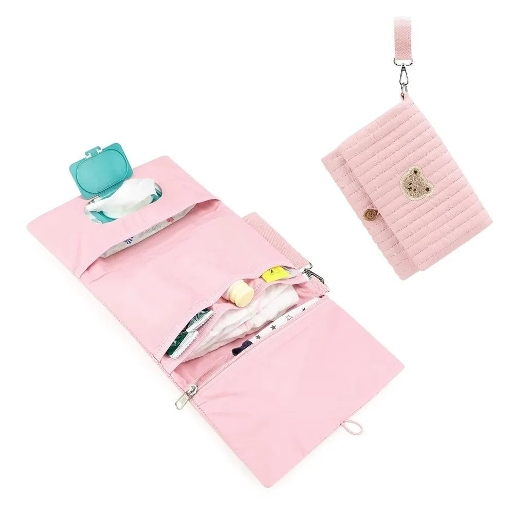 Cute Baby Hanging Diaper Bag Multi-Compartment Cotton Foldable Storage Pouch with Wipe Holder Detachable Strap