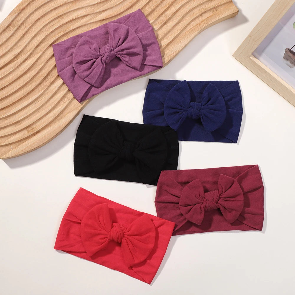 5Pcs/lot Bright Nylon Solid Color Baby Headband Set 3.5inch Bowknot Casual Headties Soft and Non Damaging To Hair