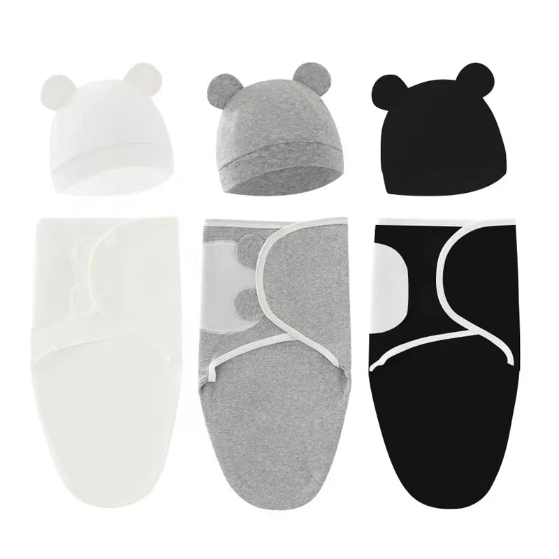 Baby Blanket Hat Set Cartoon Printed Cotton Newborn Swaddle Adjustable Infant Sleeping Swaddle Wraps All Seasons 0-6 Months