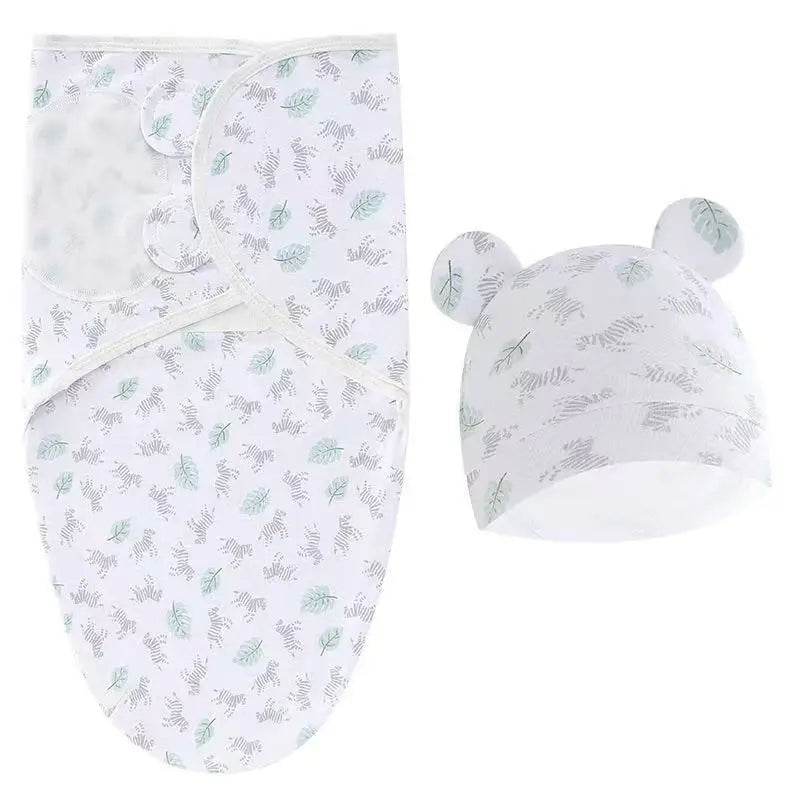 Baby Blanket Hat Set Cartoon Printed Cotton Newborn Swaddle Adjustable Infant Sleeping Swaddle Wraps All Seasons 0-6 Months
