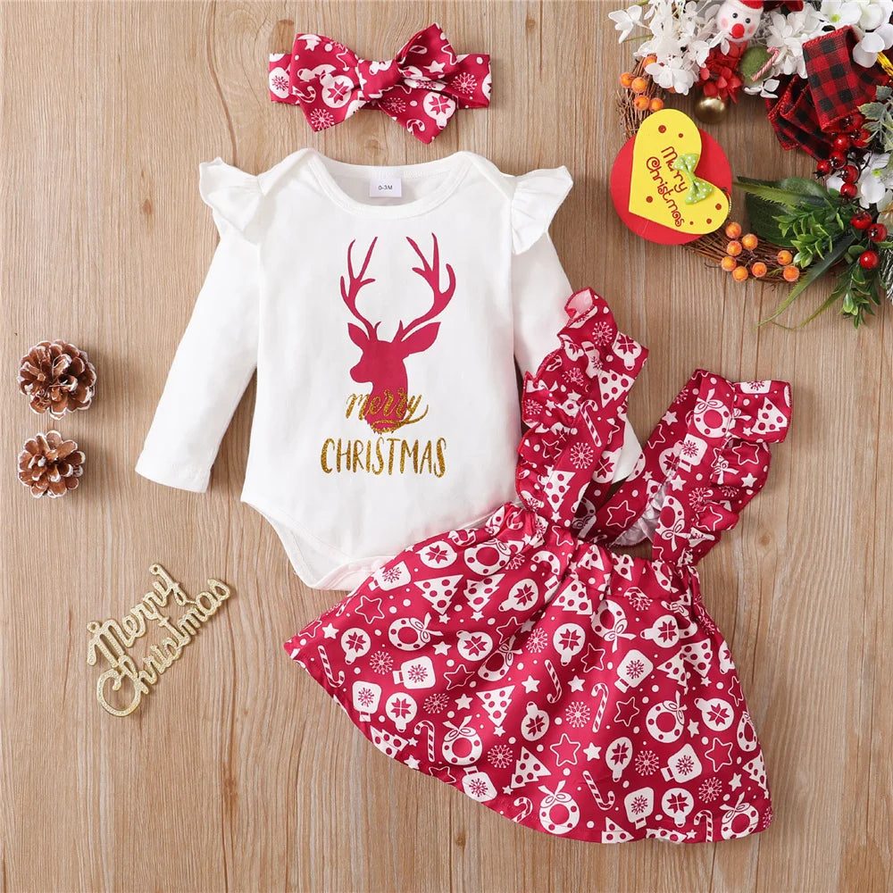 Newborn Baby Girl Christmas Set Reindeer Long sleeved Top Ruffled Shoulder Strap Skirt+Headband 3pcs 0-18 Months Baby Autumn Set