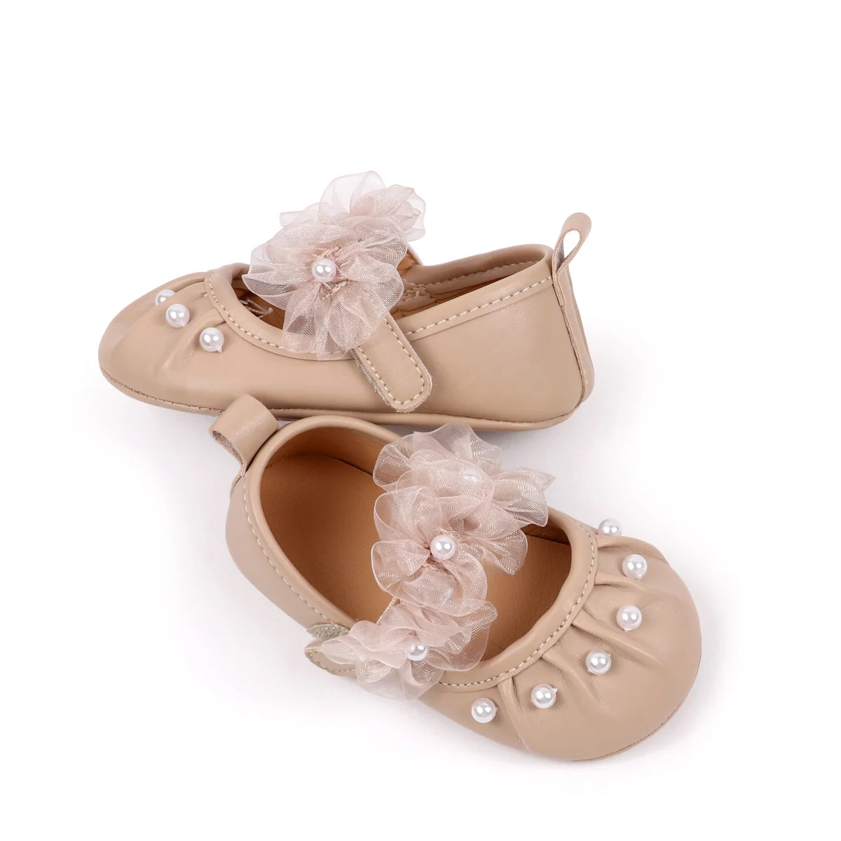 Charming Baby Girls' Pearl Decor Mesh Flower Soft Sole Flats