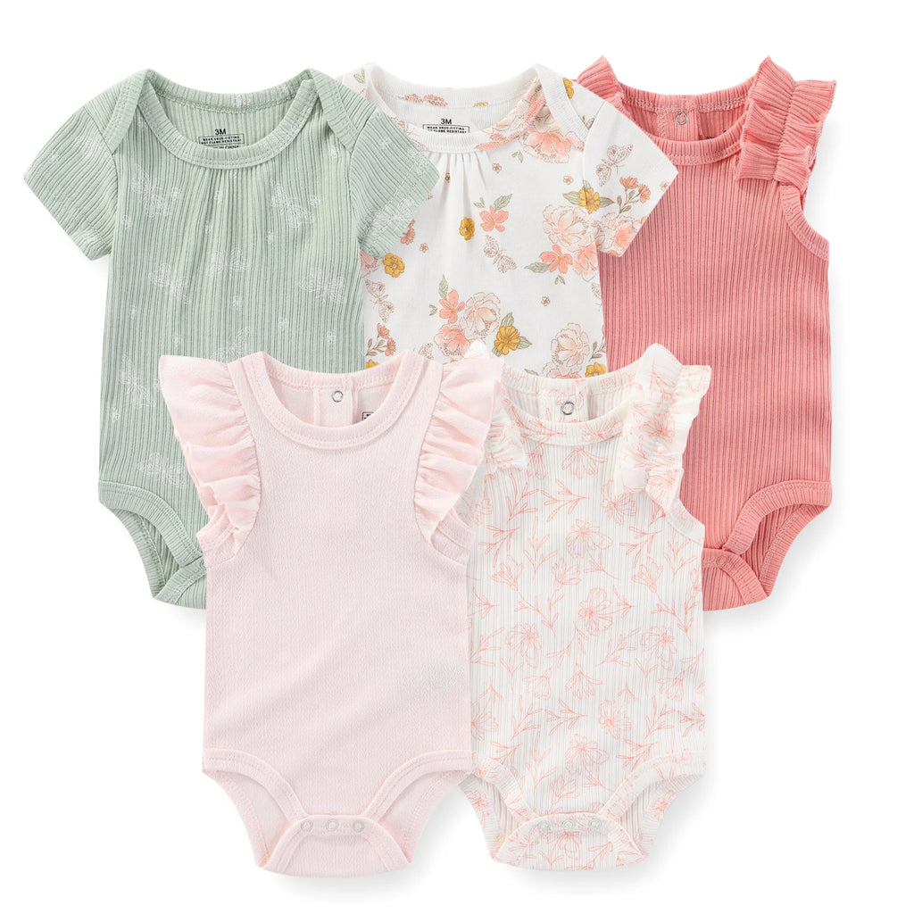 Baby Girl Bodysuits 5 Piece Set Sweet Cute Newborn Onesies Flying Sleeves 0-12M Infant Outfits