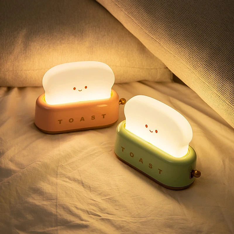 Rechargeable Cute Toaster Night Light - Toast Shape Bedside Lamp with Smile Face,Dimmable Desk Decor,Bedroom,Living Room,Gift