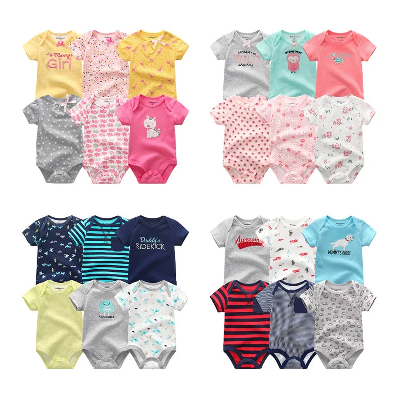 6-Piece Cartoon Cute Baby Unisex Bodysuits Summer Short Sleeve Newborn Boy Girl Onesies 0-12 Months Infant Clothes