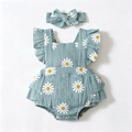 Baby Girl 2Pcs Summer Outfit Daisy Print Ruffle Flutter Sleeve Backless Romper with Headband Cute Infant Set for Daily Wear