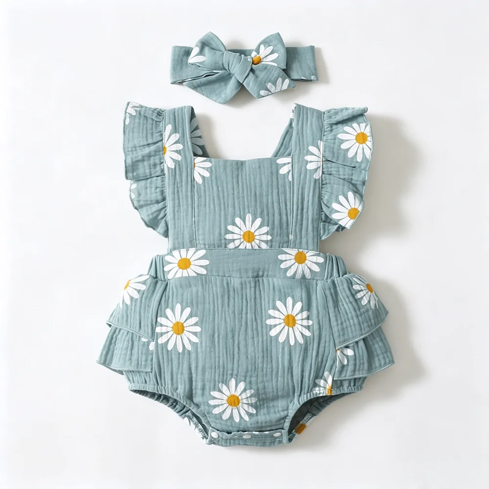 Baby Girl 2Pcs Summer Outfit Daisy Print Ruffle Flutter Sleeve Backless Romper with Headband Cute Infant Set for Daily Wear