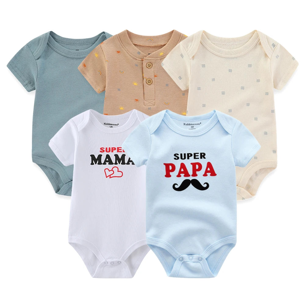 I Love Papa Mama Cartoon Baby Bodysuits 5-Pack Unisex Short Sleeve Onesies 0-12 Months