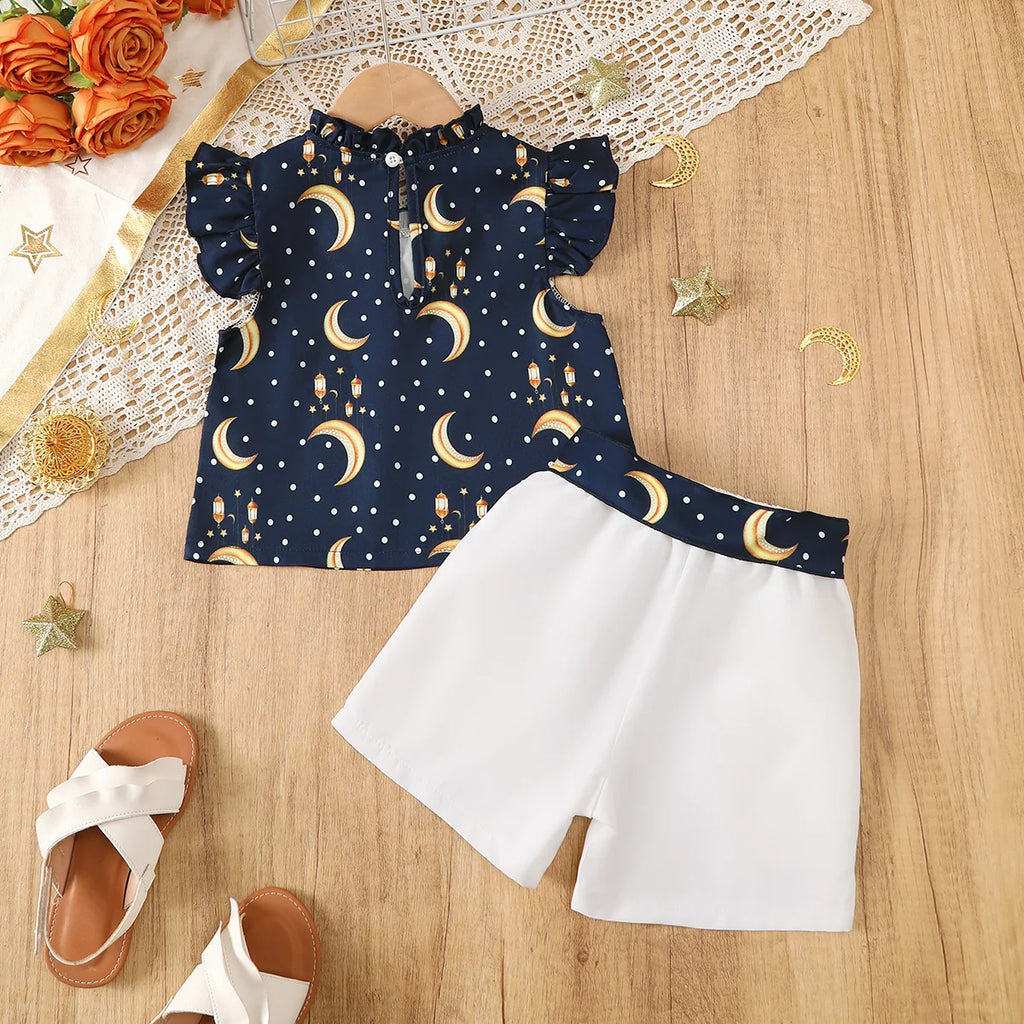3Pcs Ramadan Girls' Set Small Stand Collar Moon Printed Top+Pants+Belt Set Suitable for 2-7-year-old Child Girls' Festival Set
