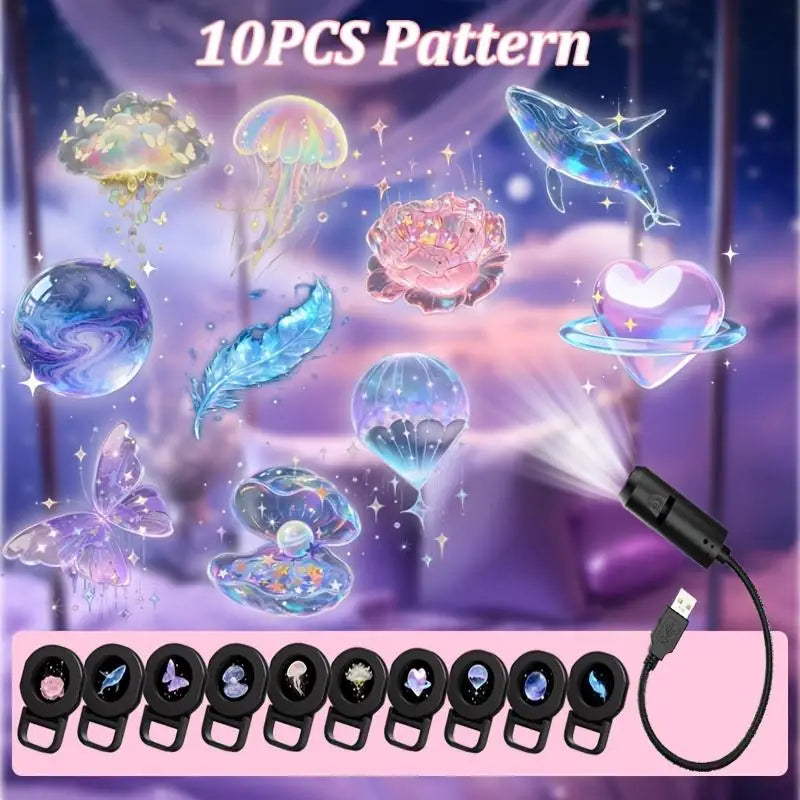 LED USB Projector Light 3/6pcs Projection Patterns- Adjustable Whale Butterfly Jellyfish Starfish Night Light Festival Gift