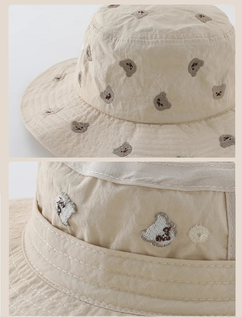 Summer Baby Sun Hat Quick-dry Beach Children Panama Cap for Girls Boys Embroidery Cartoon Kids Bucket Hats Neck Protection 1-4Y