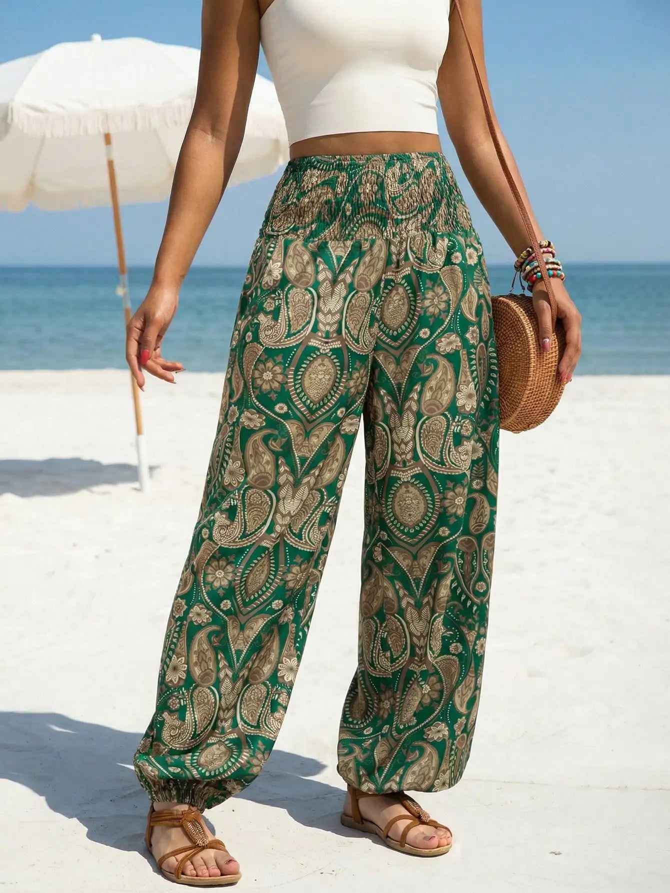 Women's Dressy Capris with Green Paisley Print Smocked Waist Wide Leg for Bohemian Beach Casual Wear