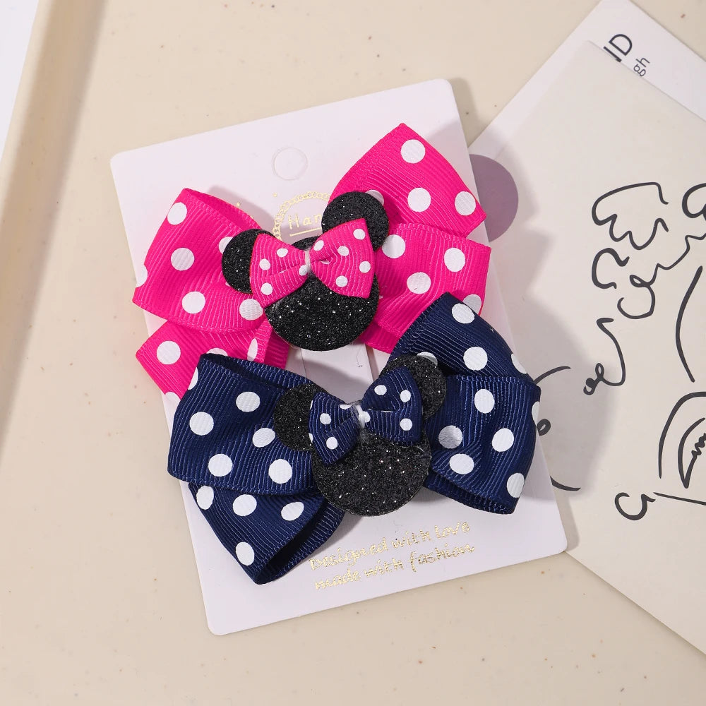 2/4Pcs Cute Bows Hair Clip for Children Boutique Cartoon Headdress Classic Woven Ribbon Polka Dot Pattern Kids Hair Clip