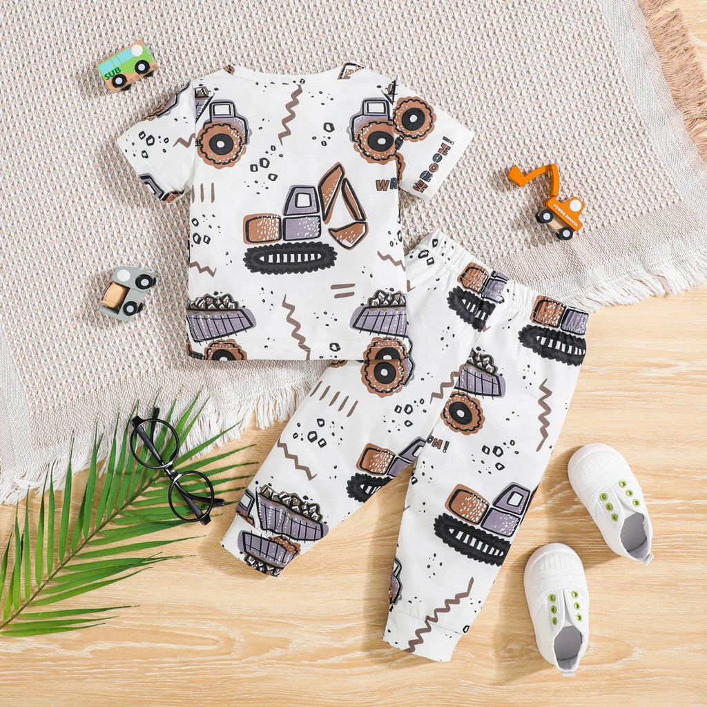 2Pcs Male Baby Set Cartoon Mechanical Digging Machine Printed Short Sleeve+Pants Set 6-24 Months Male Baby Summer Casual Set