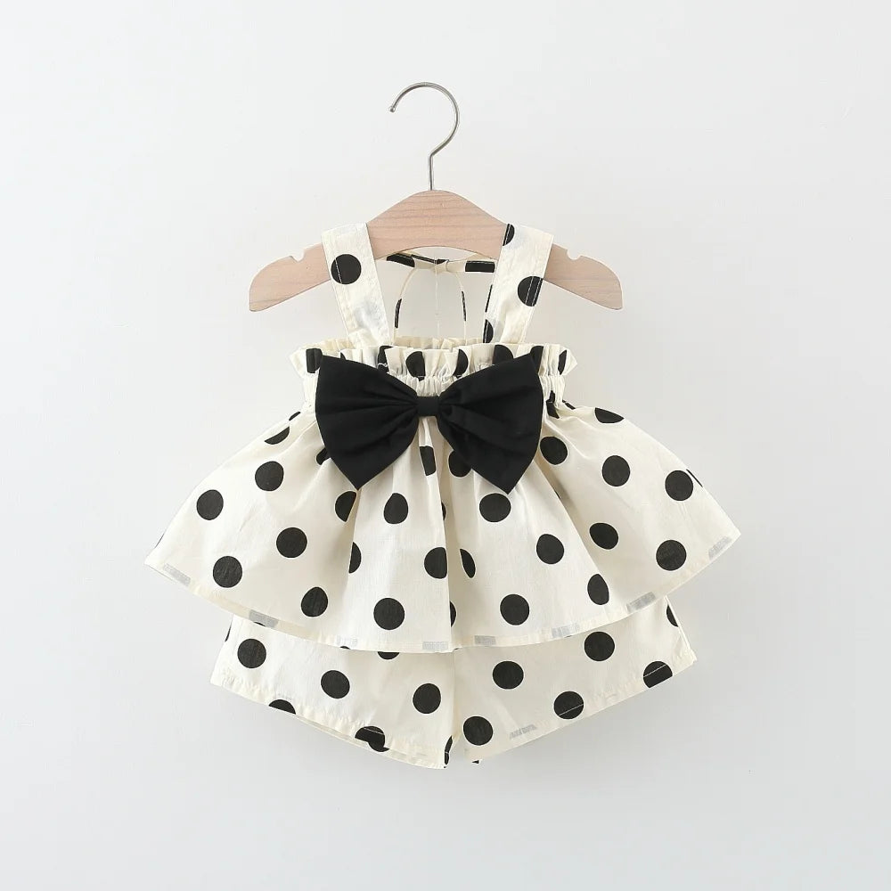 2pc/Set Girls' Outfit Set Summer Polka Dot Bow Blouse And Shorts Baby Girl Clothing Cute Beach Baby Set