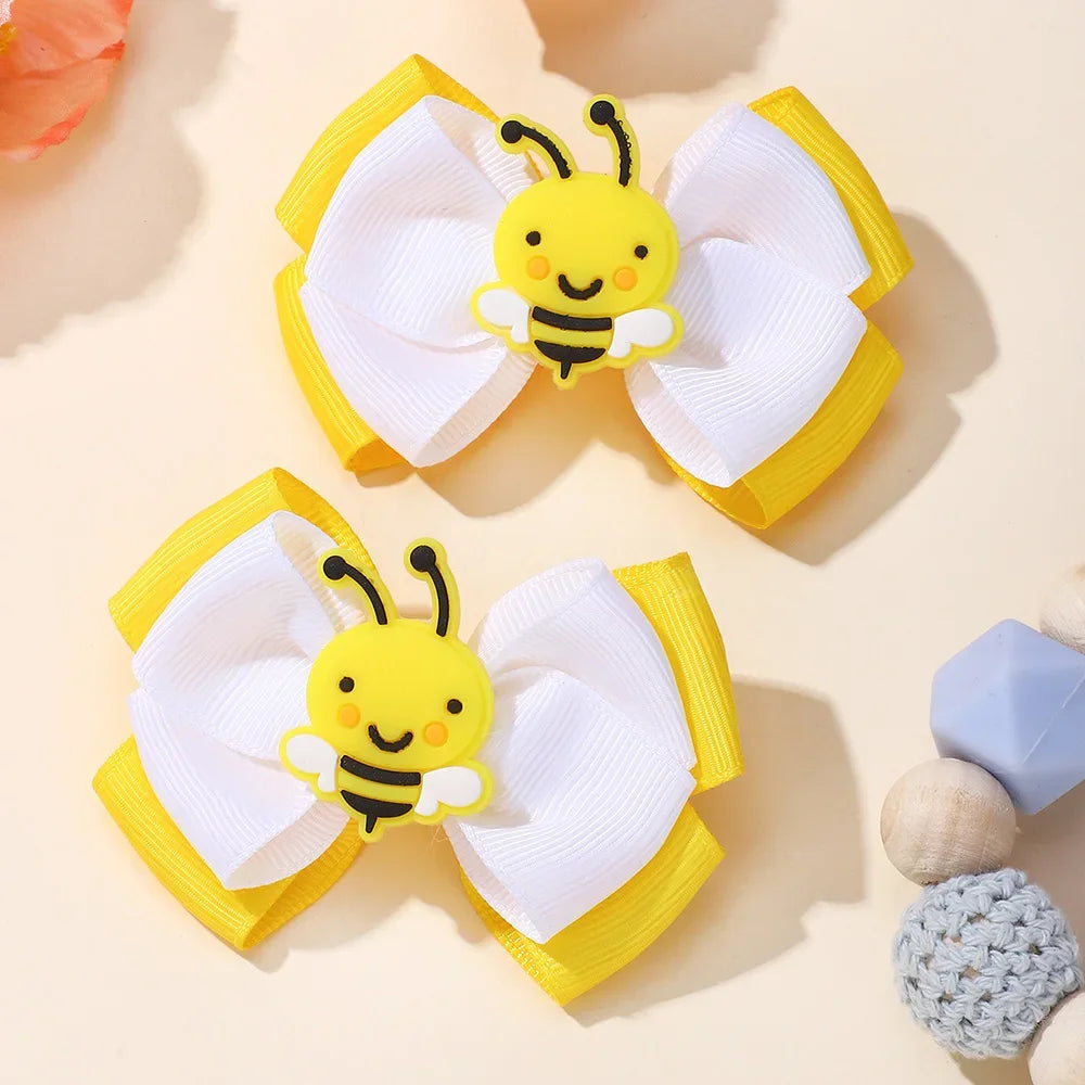 2Pcs Bee Themed Hair Bow Clips for Kids Girls Double Layer Solid Ribbon Bows Hairpins Unique Barrettes Hair Accessories Headwear