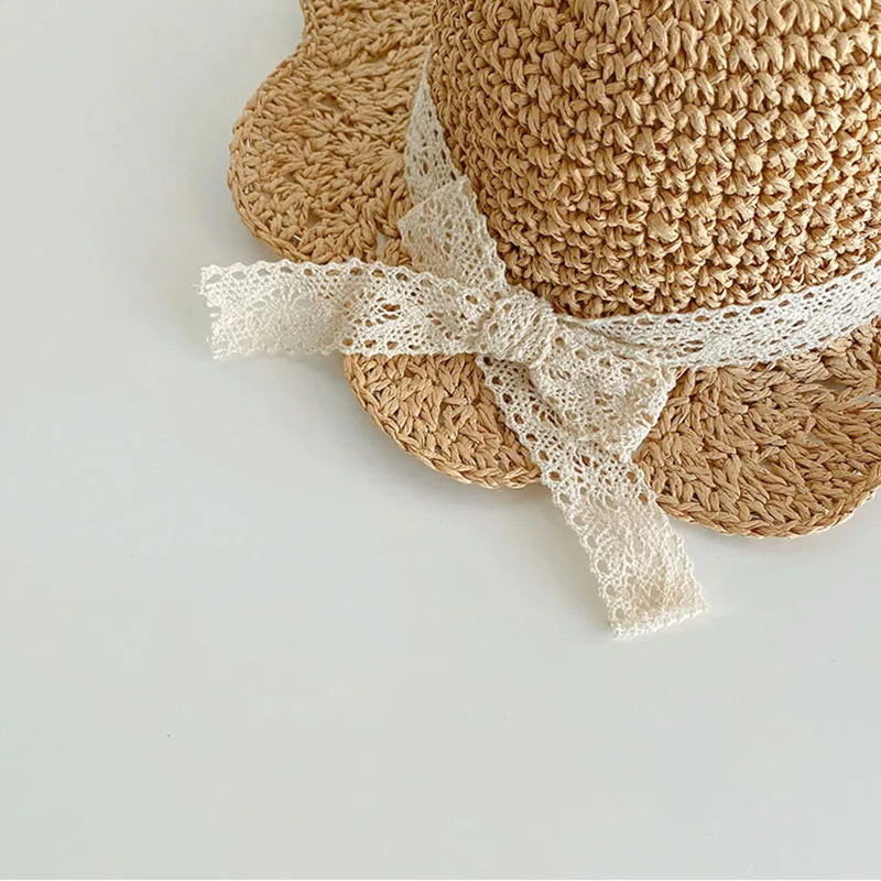 Lace Bow Girl Straw Hat Baby Summer Sun Hats Travel Beach Kids Large Brim Fisherman Cap 2-5Year Children Sunscreen Bucket Caps
