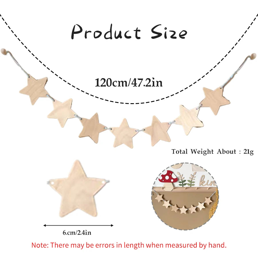 Ins Nordic Wooden Stars Garlands Wall Hanging Ornaments Home Room Pull Flag Children's Room Decoration Party Bunting Banner