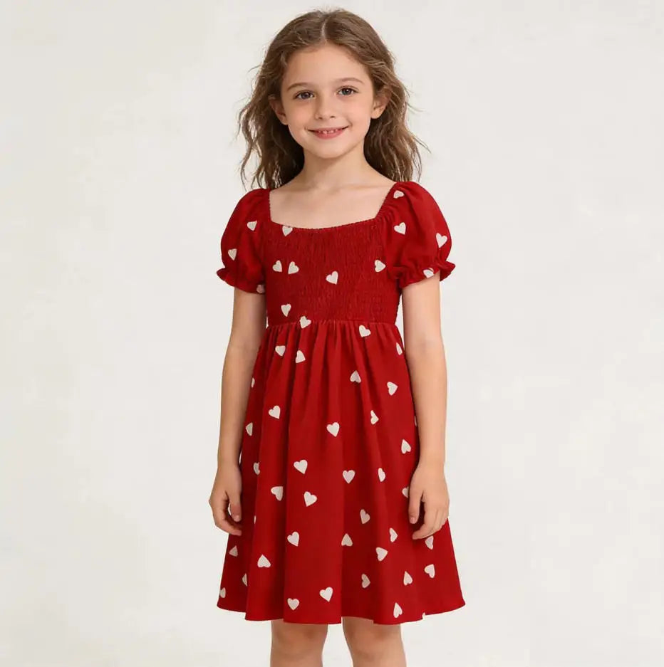 Girls Heart Print Puff Sleeve Dress – Summer Bow Princess Dress for Kids Ages 2-8, Cute Toddler Party & Daily Wear