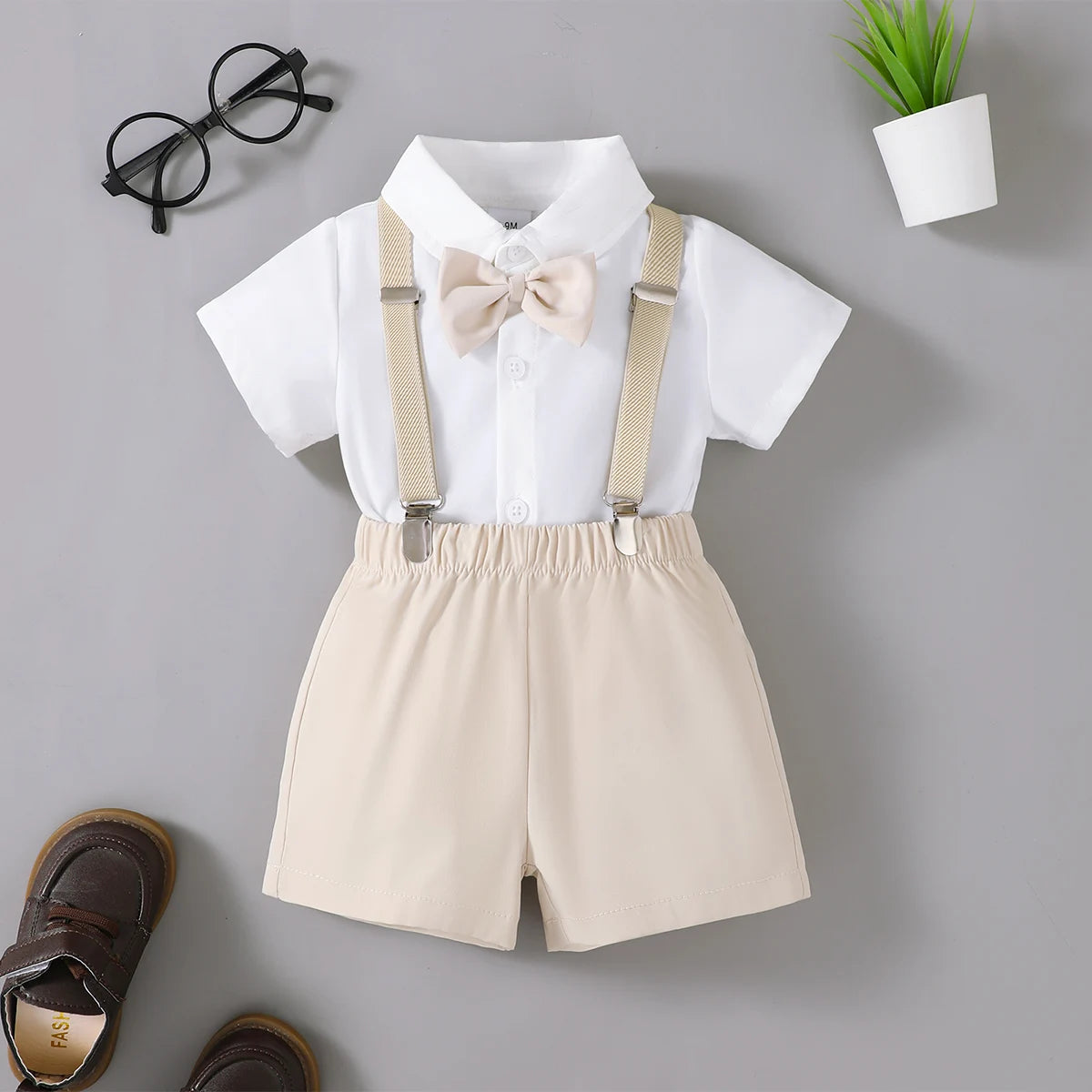 Baby boy Small gentleman Set Bow shirta and Strap shorts suitable for 0-3 year Toddlers Baby boys' Summer Birthday party Set