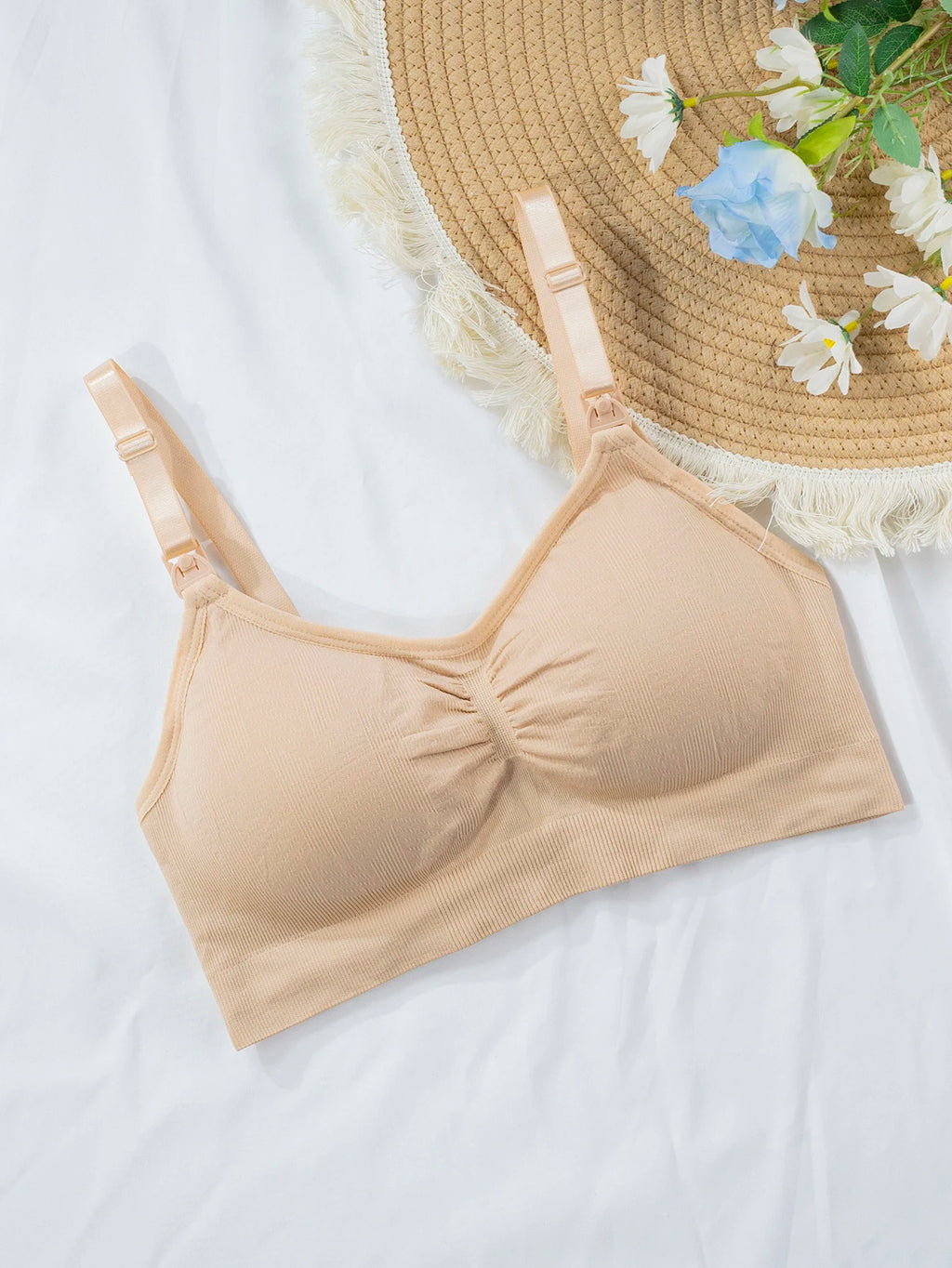 Single Piece Solid Color Front-Opening Buckle-Free Nursing Bra