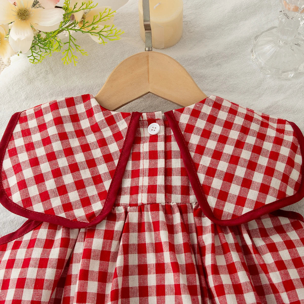 Summer Lovely Baby Girl Outfit Set Comfortable Cartoon Embroidery Red Plaid Doll Collar Top and Solid Color White Toddler Shorts