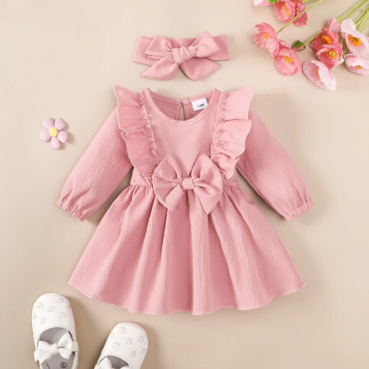 Autumn Baby Girl Dress With Long Sleeves And Headband For Zero To Eighteen Months