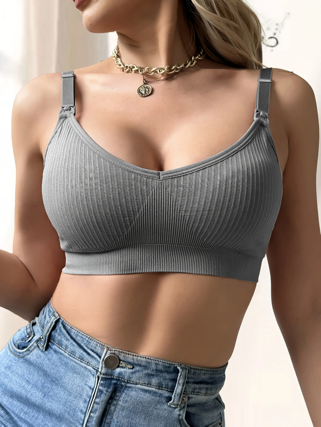 Single-Piece Front-Buttoned Ribbed Wire-Free Nursing Bra