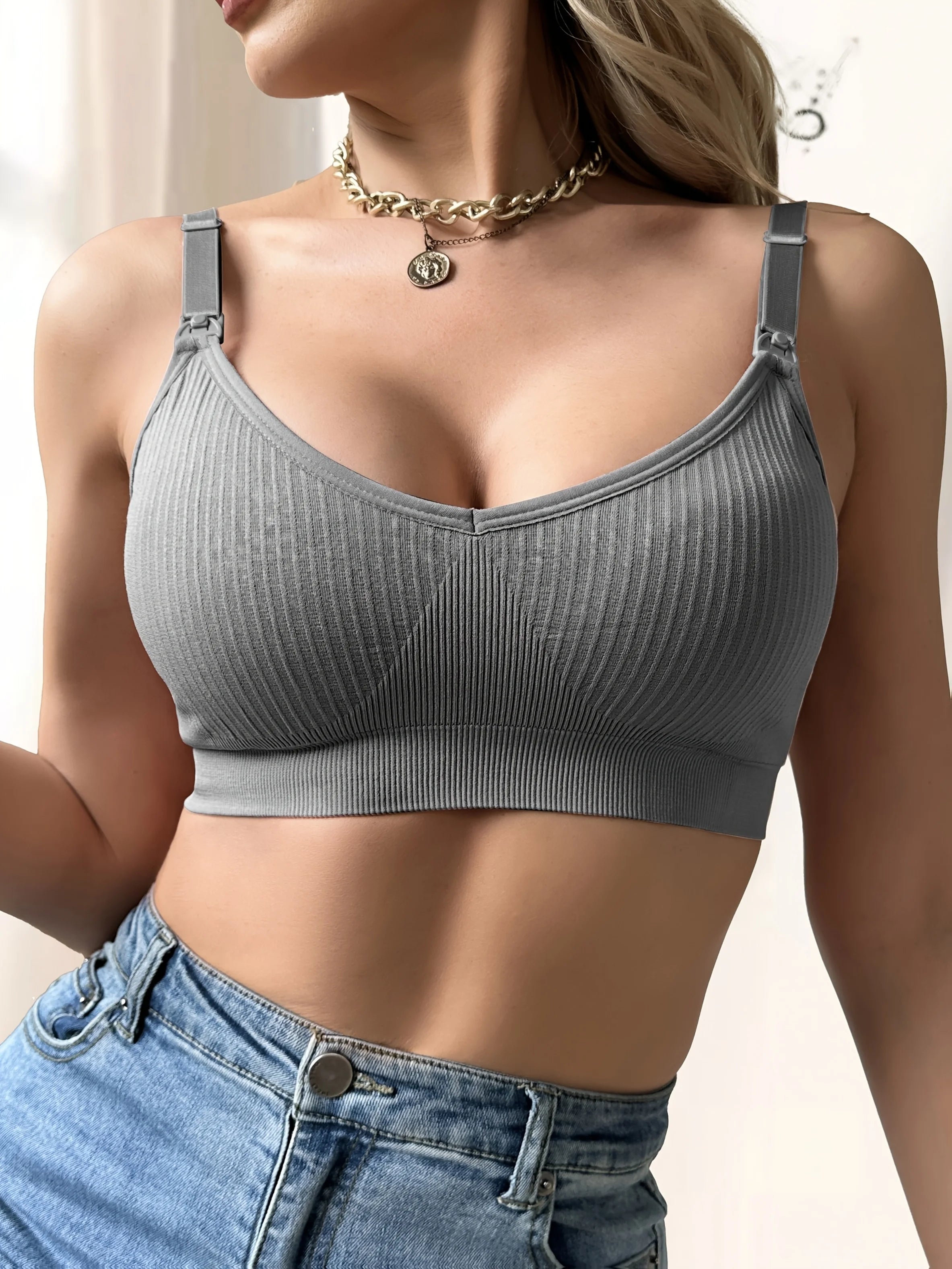 Single-Piece Front-Buttoned Ribbed Wire-Free Nursing Bra