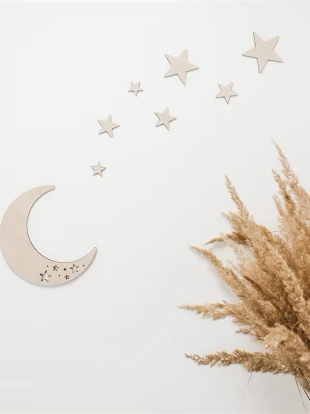 Ins Nordic Style Wooden Self-Adhesive Moon and Star Wall Decoration, Themed Wood Wall Art, Wall Stickers, Wooden Letters, Phrases with Adhesive Dots, Reusable and Easy to Stick, Suitable for Living Room, Bedroom, Playroom Dec