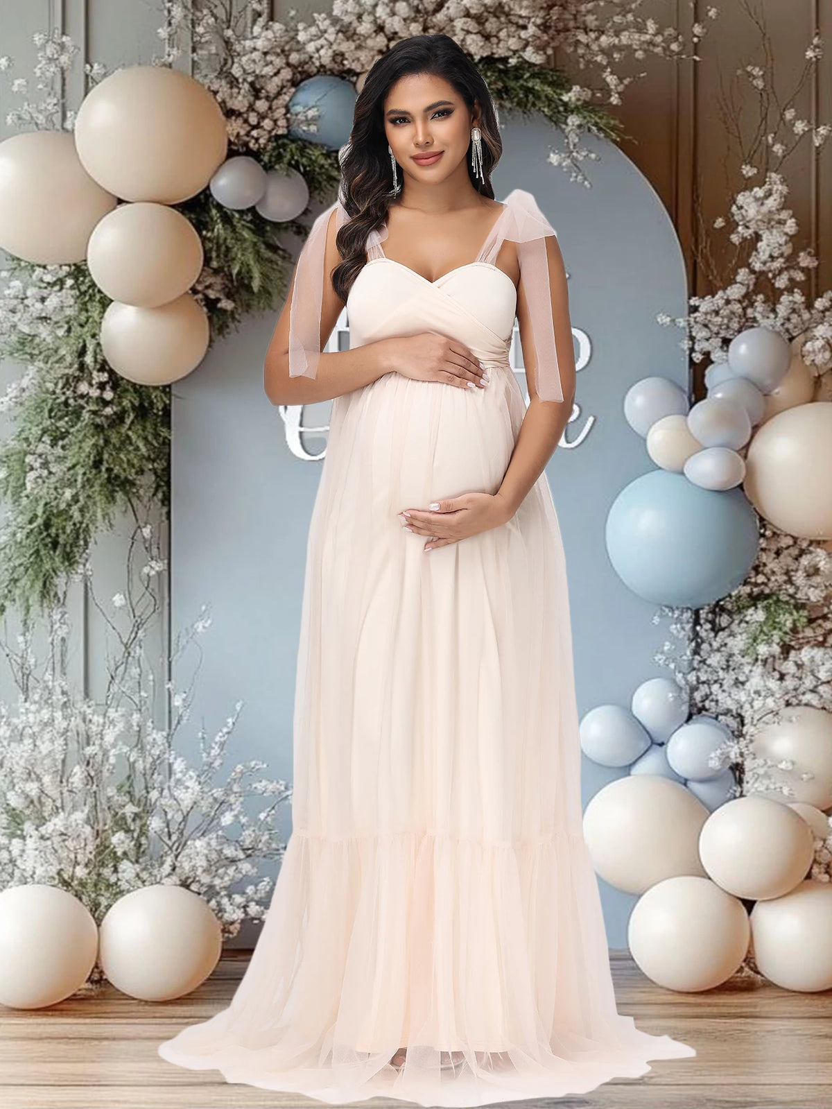 Maternity Summer Photography Dress Sleeveless Off Shoulder Tulle Gown For Pregnancy Photoshoot PST01