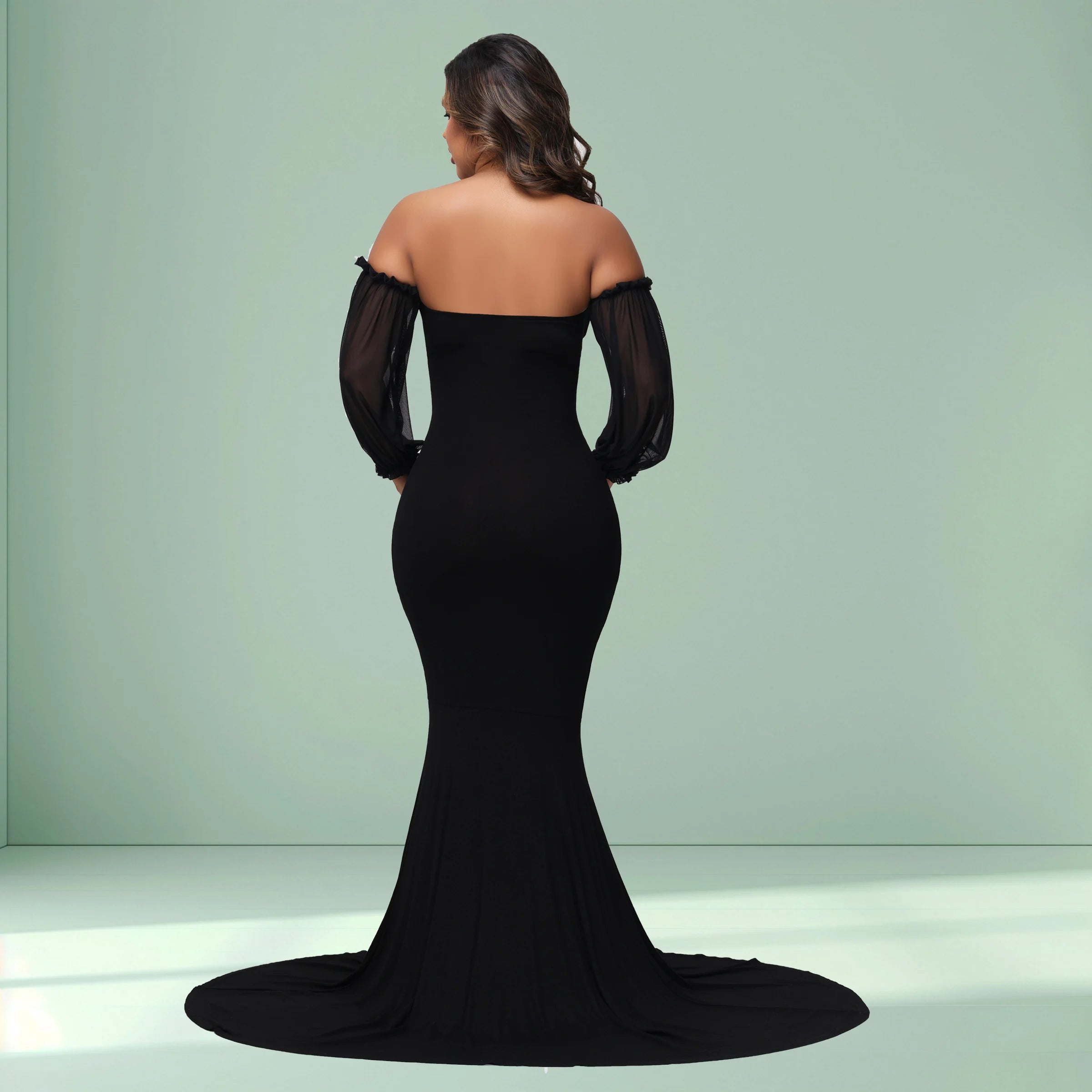Maternity Dress Off-Shoulder Mesh Puff Sleeve Slim Pregnancy Women's Photography Maxi Gowns For Baby Shower Photoshoot