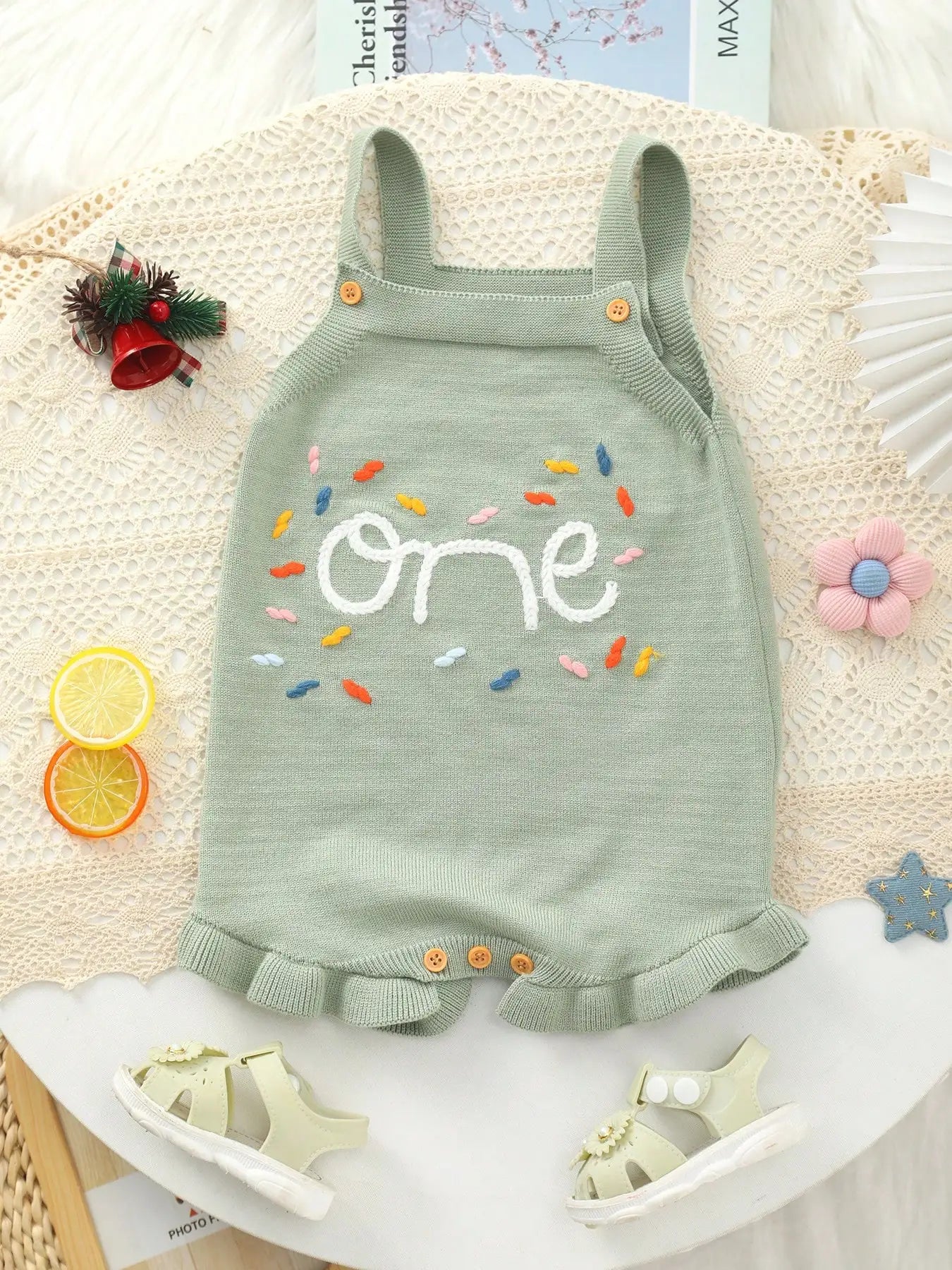 Cute and Sweet Summer Romper for Baby Girls with Colorful Embroidered "One" Lettering and Knit Suspenders