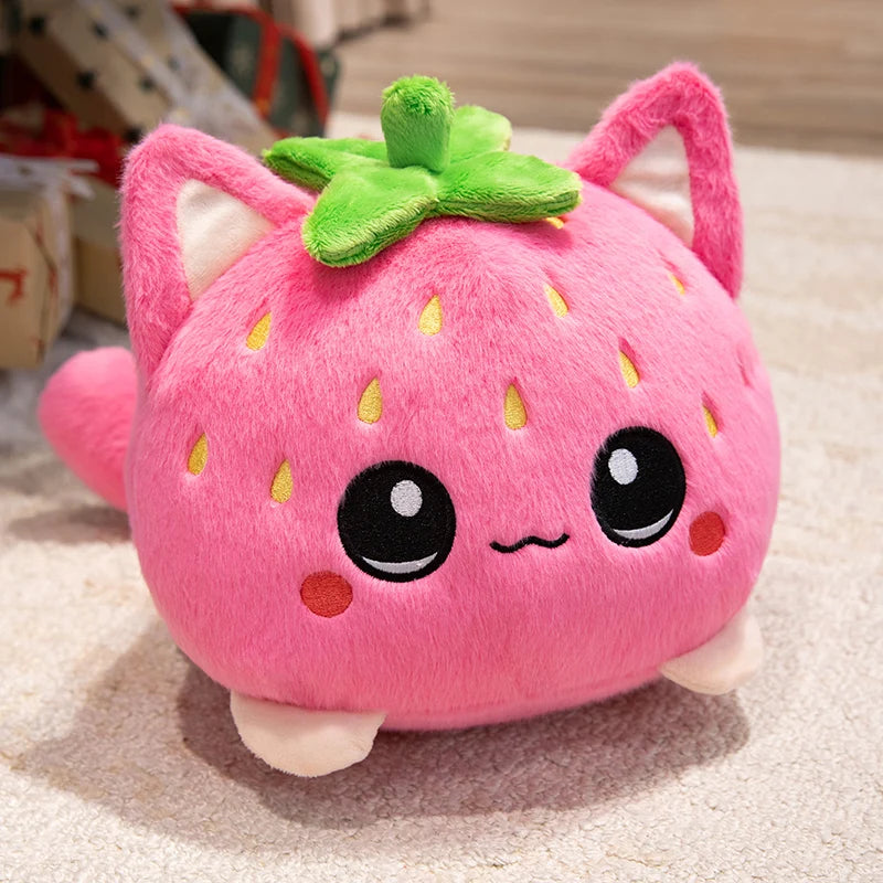 Cartoon Strawberry Fruit Cat Plush Toy Cute Pink Cat Strawberry Stuffed Animal Doll Soft Cuddly Plushie Birthday Christmas Gifts