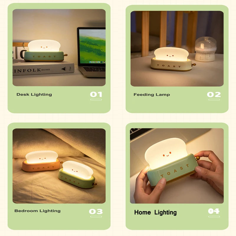 Rechargeable Cute Toaster Night Light - Toast Shape Bedside Lamp with Smile Face,Dimmable Desk Decor,Bedroom,Living Room,Gift