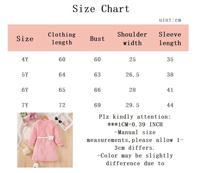 Kid girls Plush Long sleeved Dress Round neck, Pink Bow, Fashionable Dress+Mini bag 2Pcs Winter Dress  Girls  4-7 Years Dress