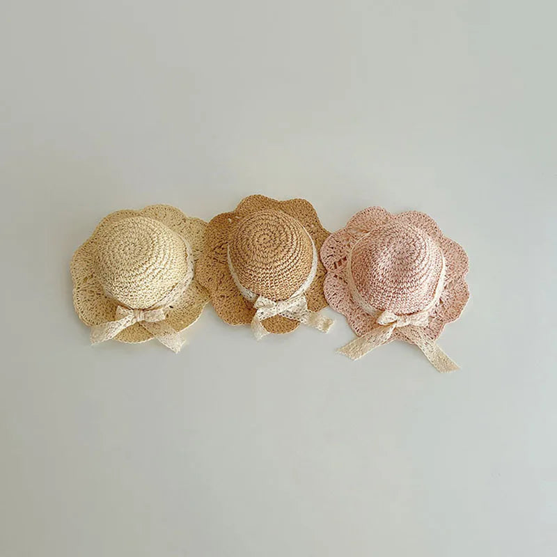Lace Bow Girl Straw Hat Baby Summer Sun Hats Travel Beach Kids Large Brim Fisherman Cap 2-5Year Children Sunscreen Bucket Caps