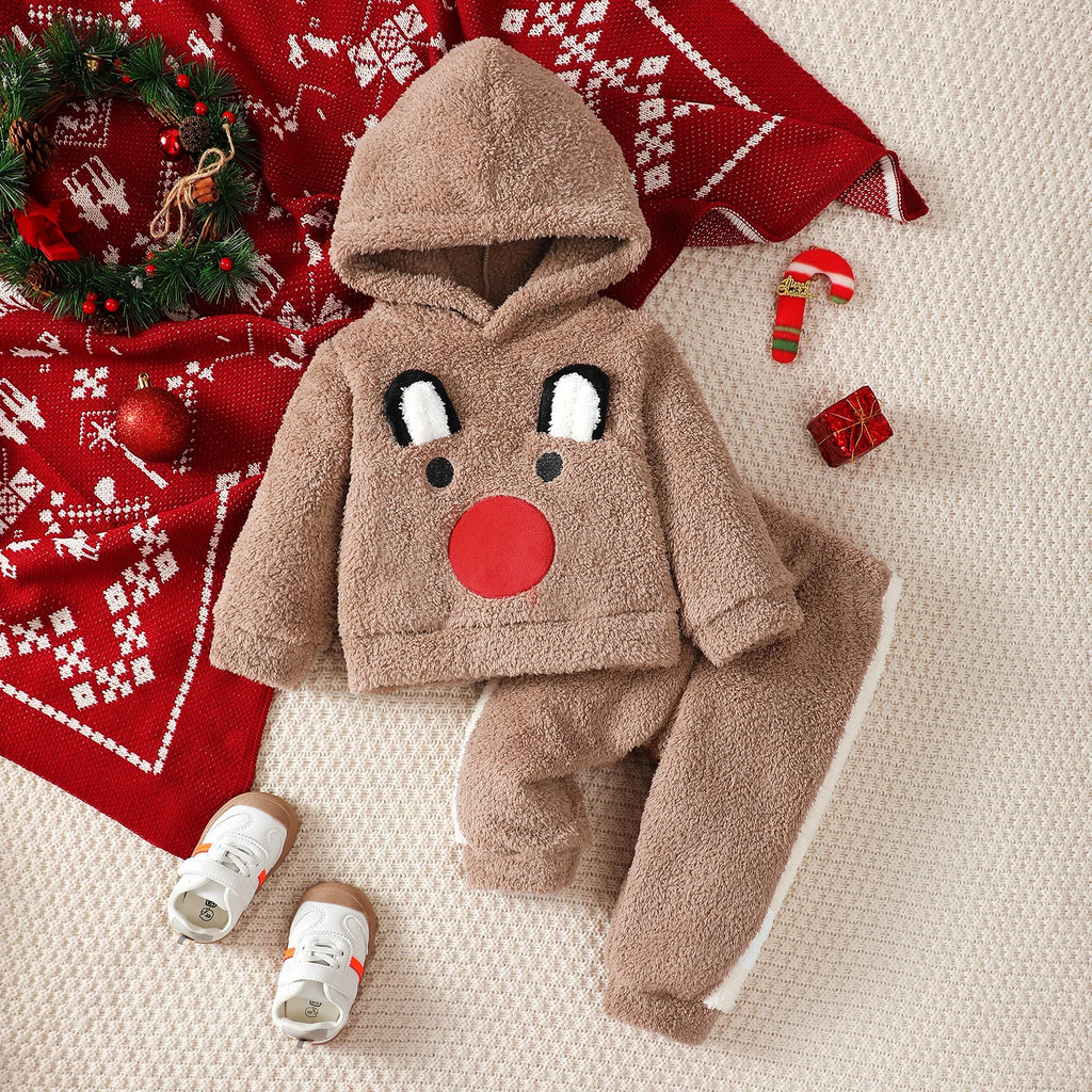 Baby Boy Plush Set Hooded Cute Emoji Long sleeved Pants 2-piece Set Suitable for 0-3 Year Old Baby Boys Winter Warmth Set