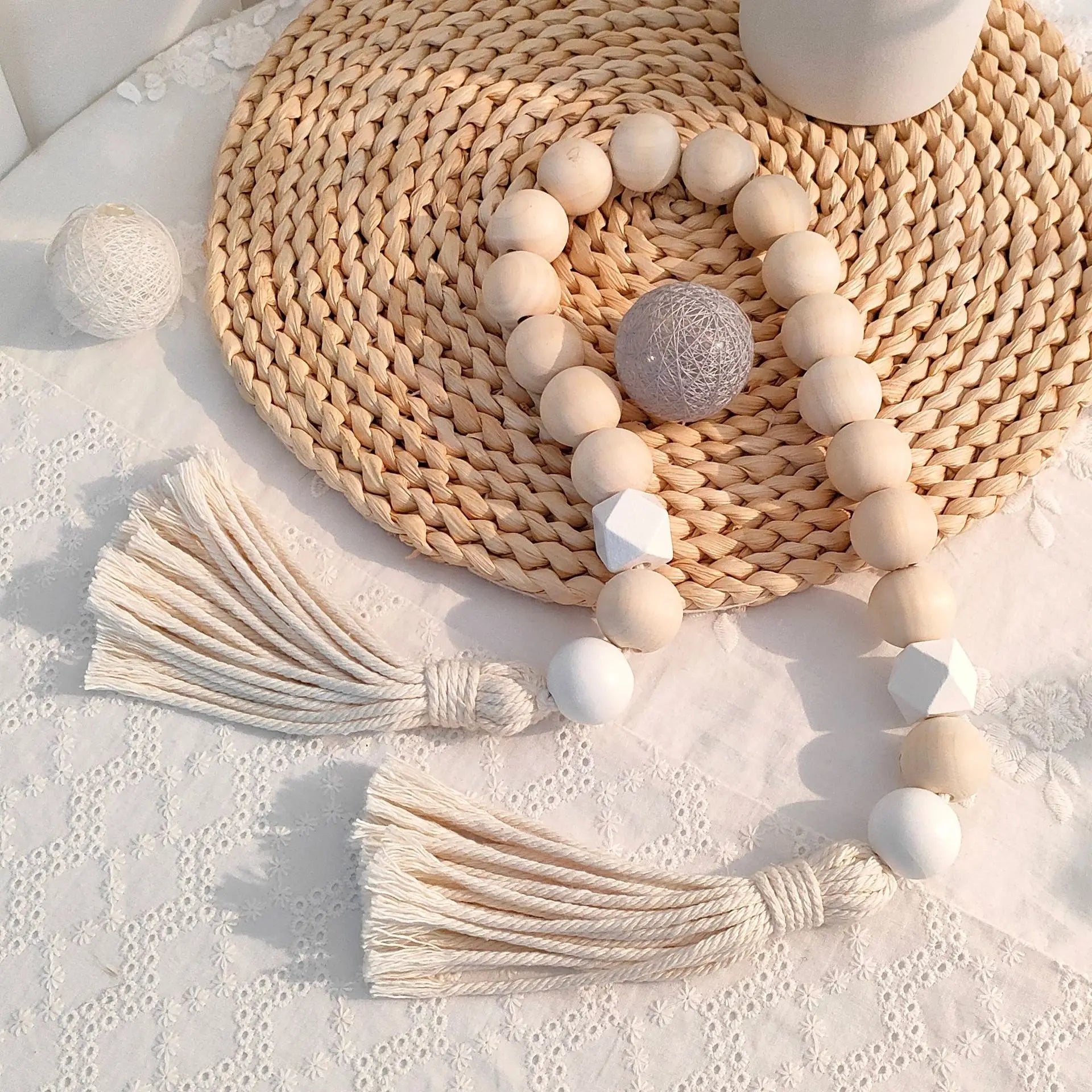 Nordic Wooden Bead Garland - White 75cm Tassel Wall Decor