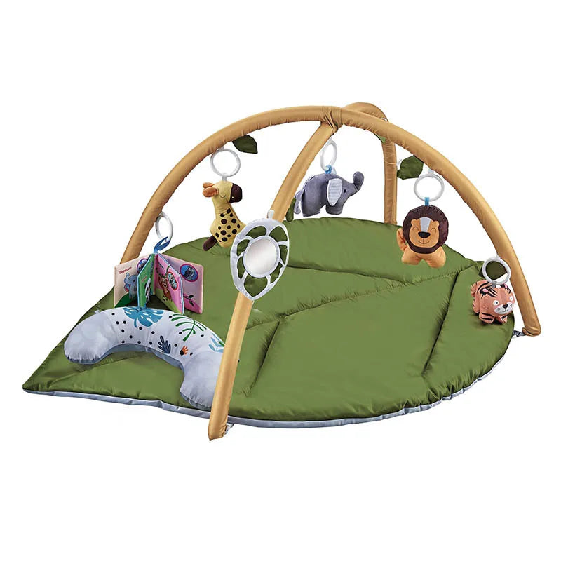 Baby Activity Gym Play Mat Leaf Shaped Crawling Rug with Mirror Sensory Hanging Toys Cloth Book Tummy Time Pillow 0-18M
