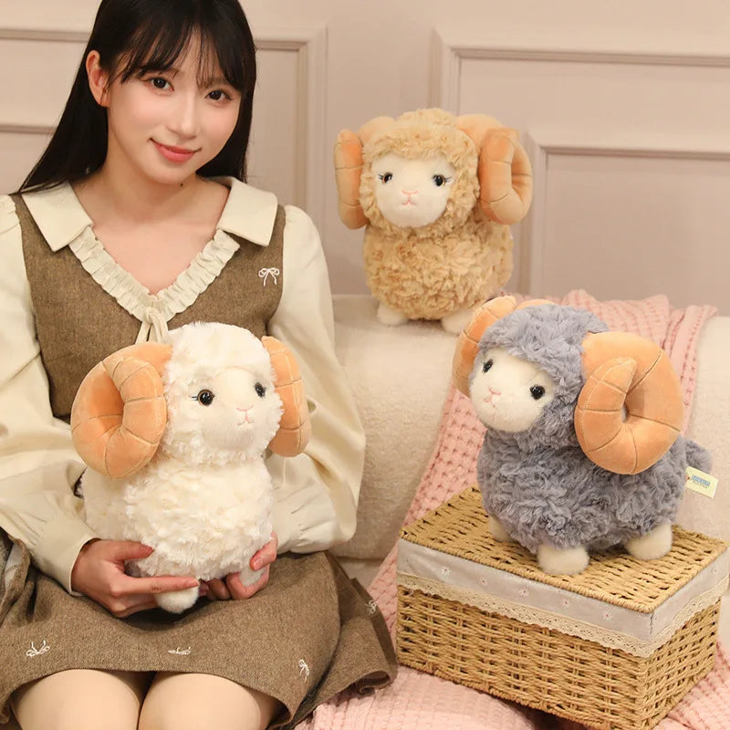 New Gentle Lovely Sheep Plush Toys Soft Fluffy Big Horns Sheep Doll Warm Cozy Hugging Appease Animal Doll Birthday Gift To Girls