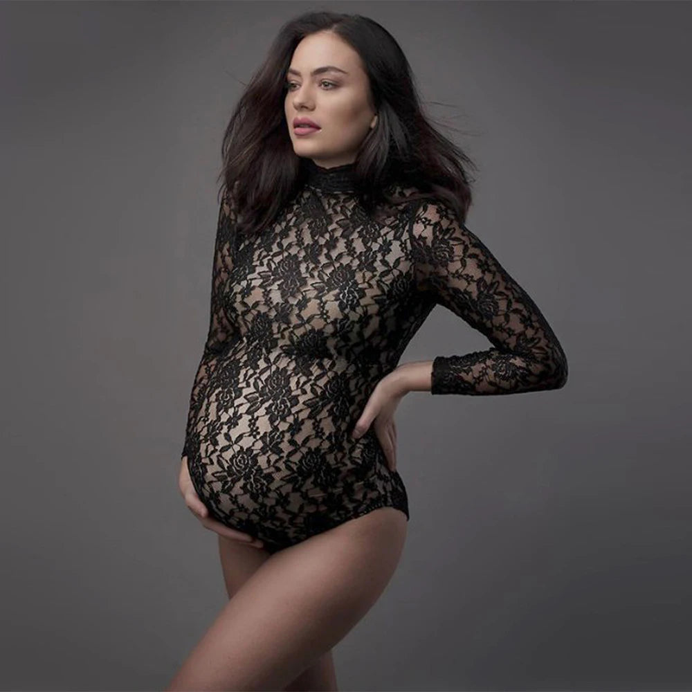 Maternity Lace Sexy See-Through Long Sleeves Bodysuit Sheer Pregnant Shirt  Leotard Bodycon For Photoshoot Baby Shower