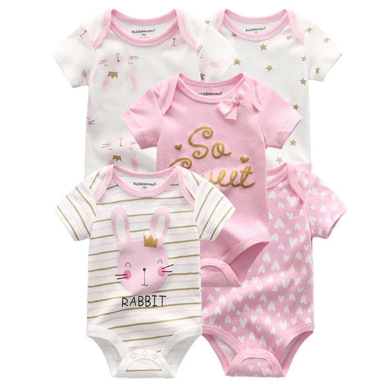 Summer 5-Piece Cartoon Baby Bodysuits 100%Cooton Soft Newborn Boy Girl Onesies Short Sleeves Infant Clothes