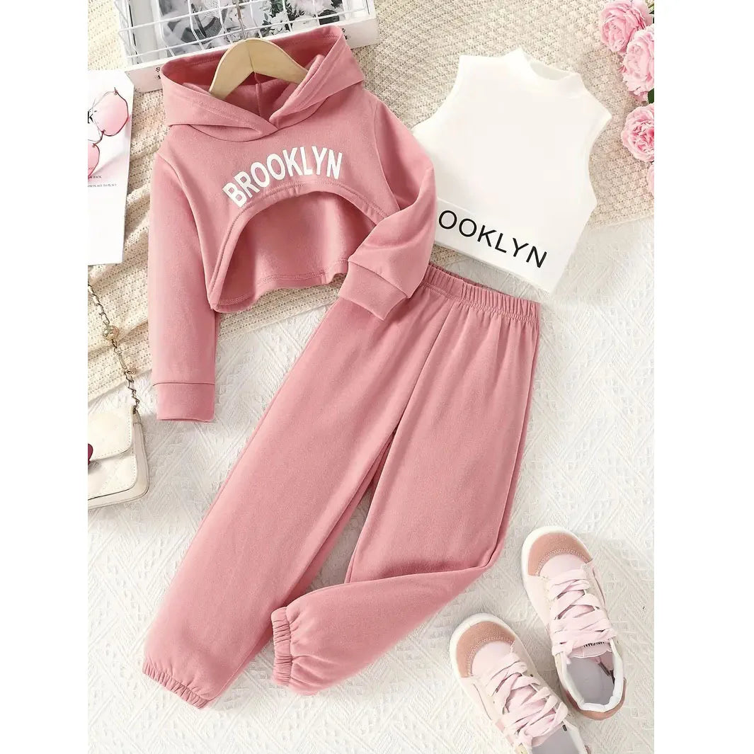3 Pcs Kids Girls' Clothes Set Spring And Autumn Baby Girls Long-Sleeve Hooded Sweatshirt +Sleeveless Vest+ Long Pants Daily Wear