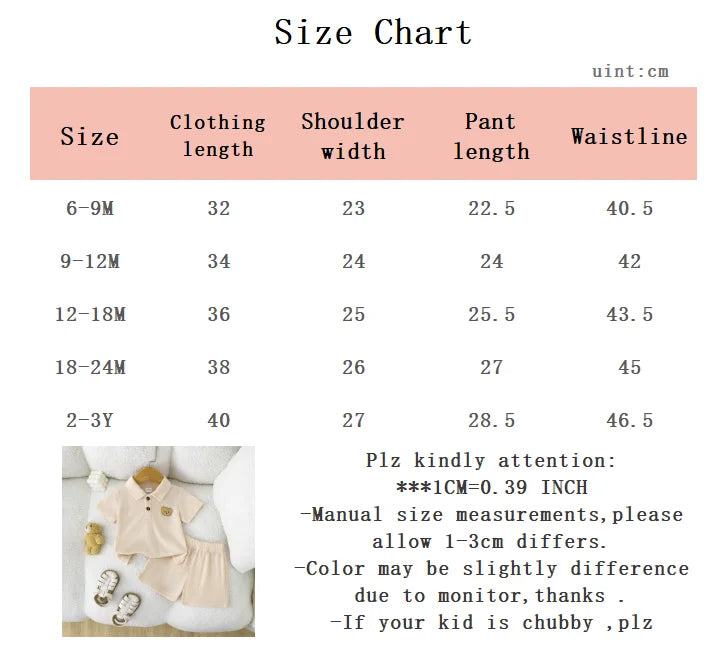 Summer Boys' Set with Collar Cartoon Bear Short Sleeve and Shorts 2-piece Set Suitable for 0-3 Year Old Boys' Sports and Leisure