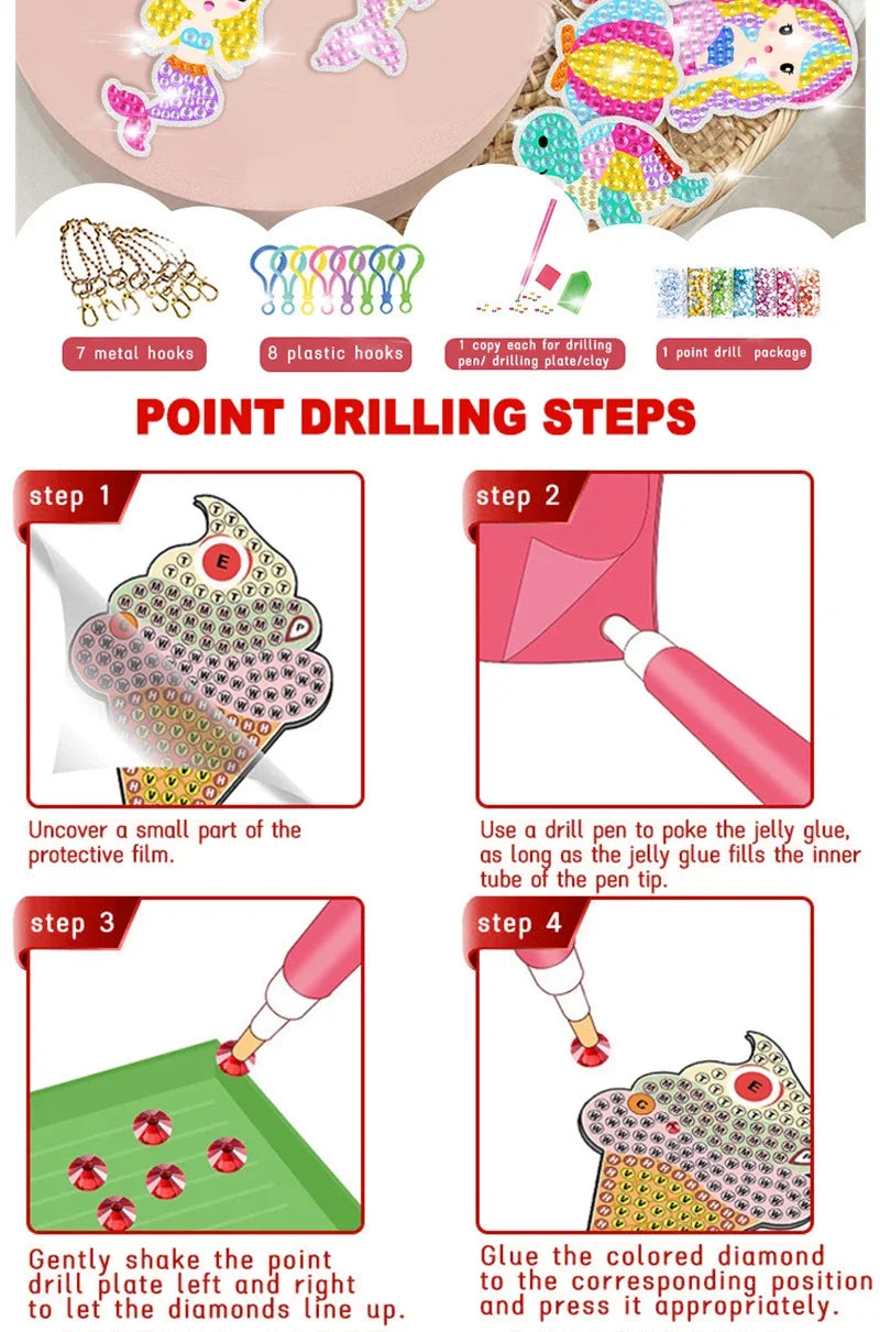 15 Piece Diamond Painting Handicraft Set for Children's Handmade DIY Mermaid Animal Keychain as a Gift for Children's