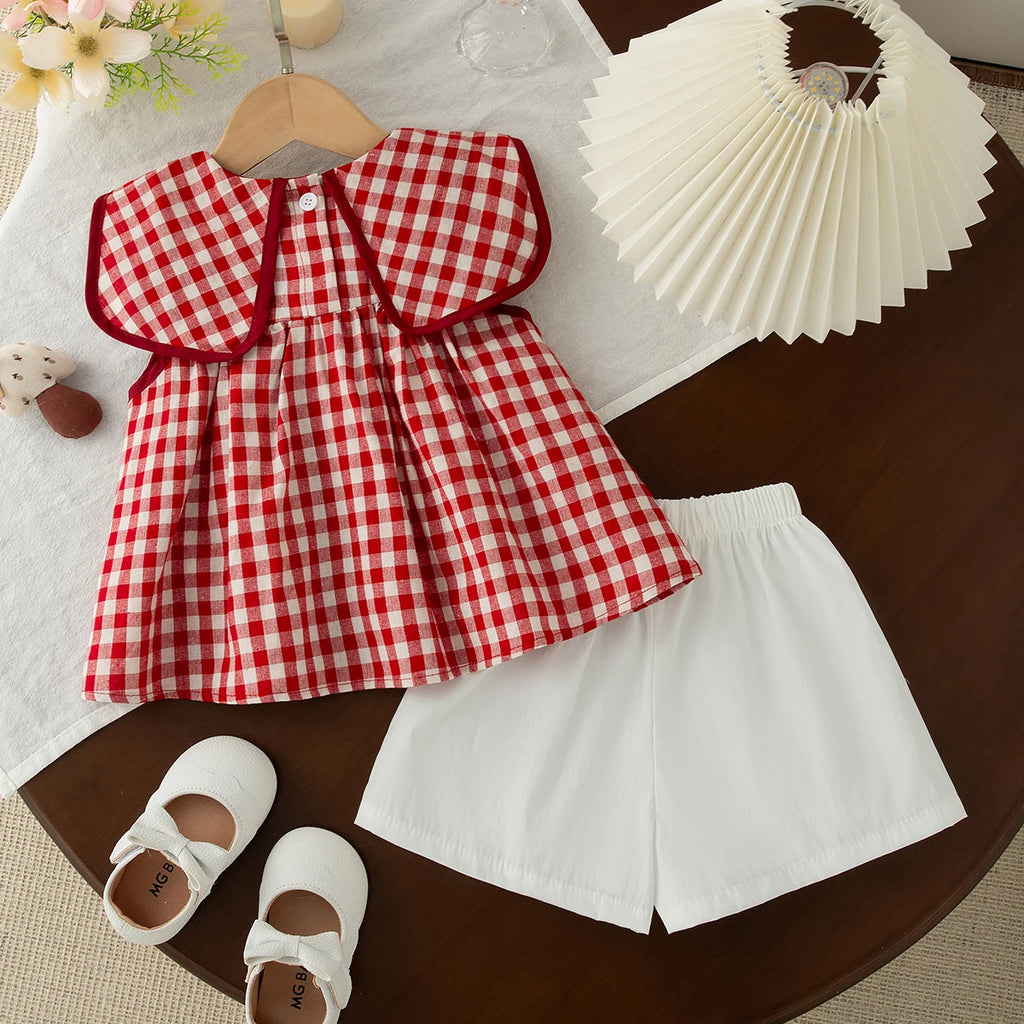 Summer Lovely Baby Girl Outfit Set Comfortable Cartoon Embroidery Red Plaid Doll Collar Top and Solid Color White Toddler Shorts